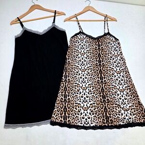 NEW Nightgown Set Women M Black Leopard Lace Trim Chemise Sleepwear 2 Pack